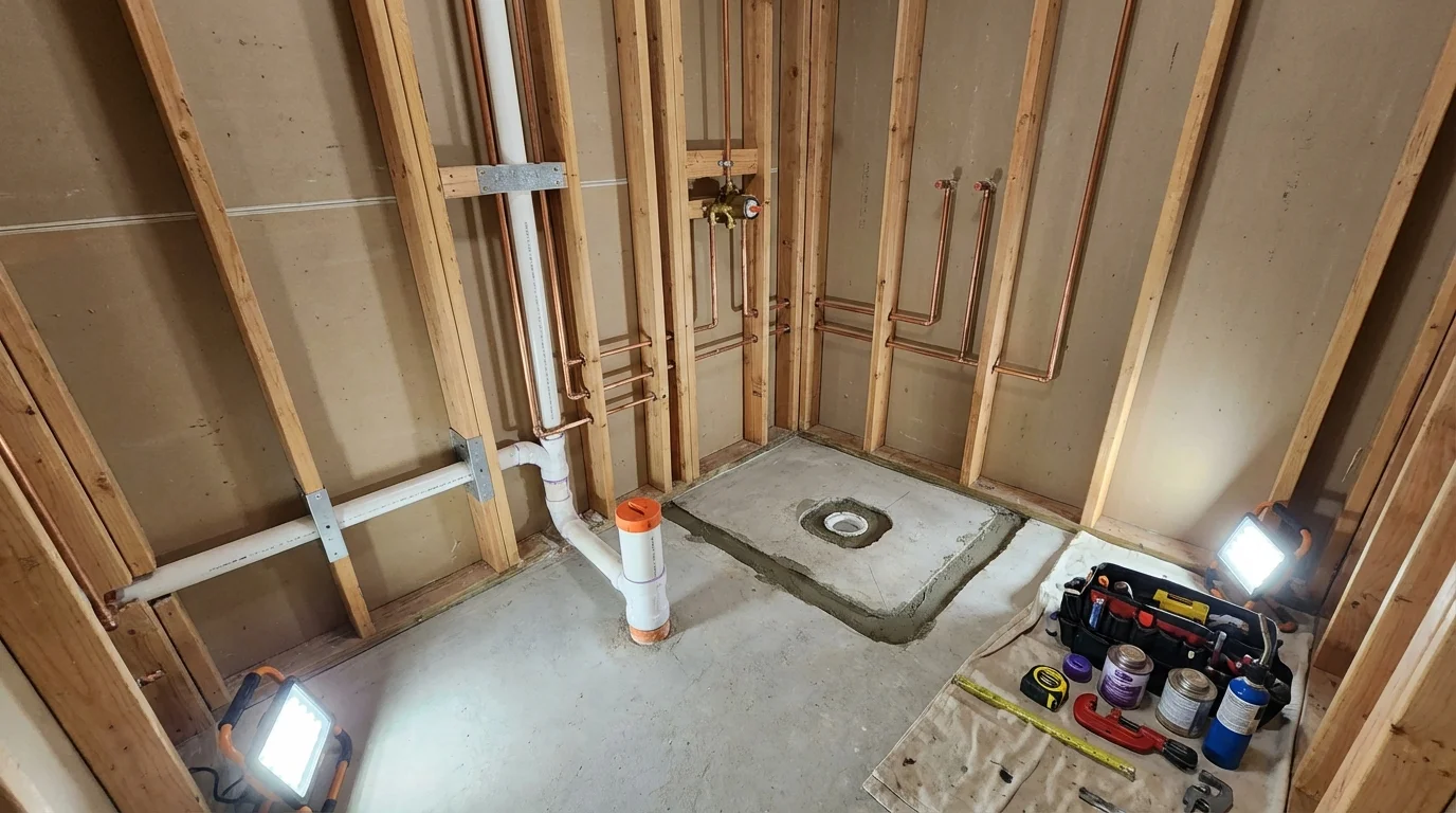 Bathroom rough-in plumbing during remodel by Johns Plumbing LLC in Weare