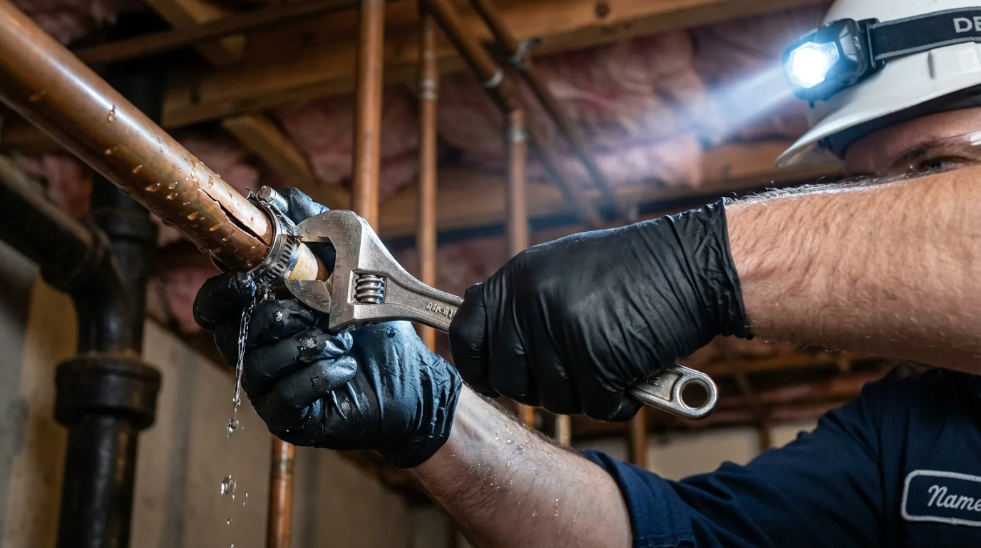 Emergency pipe clamp repair being performed by a Johns Plumbing LLC plumber in Weare