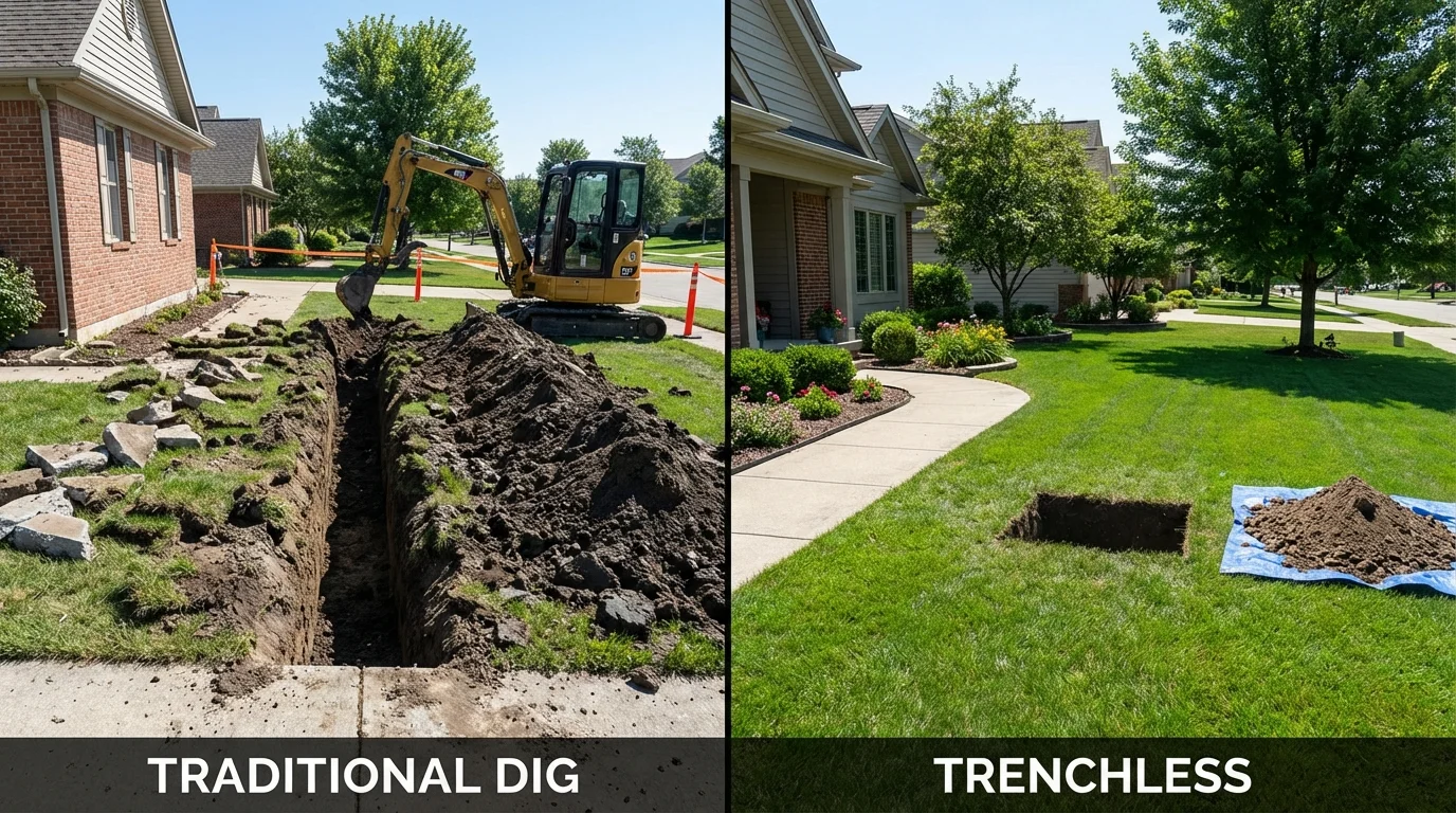 Trenchless sewer repair with minimal yard damage versus traditional excavation in Weare, NH