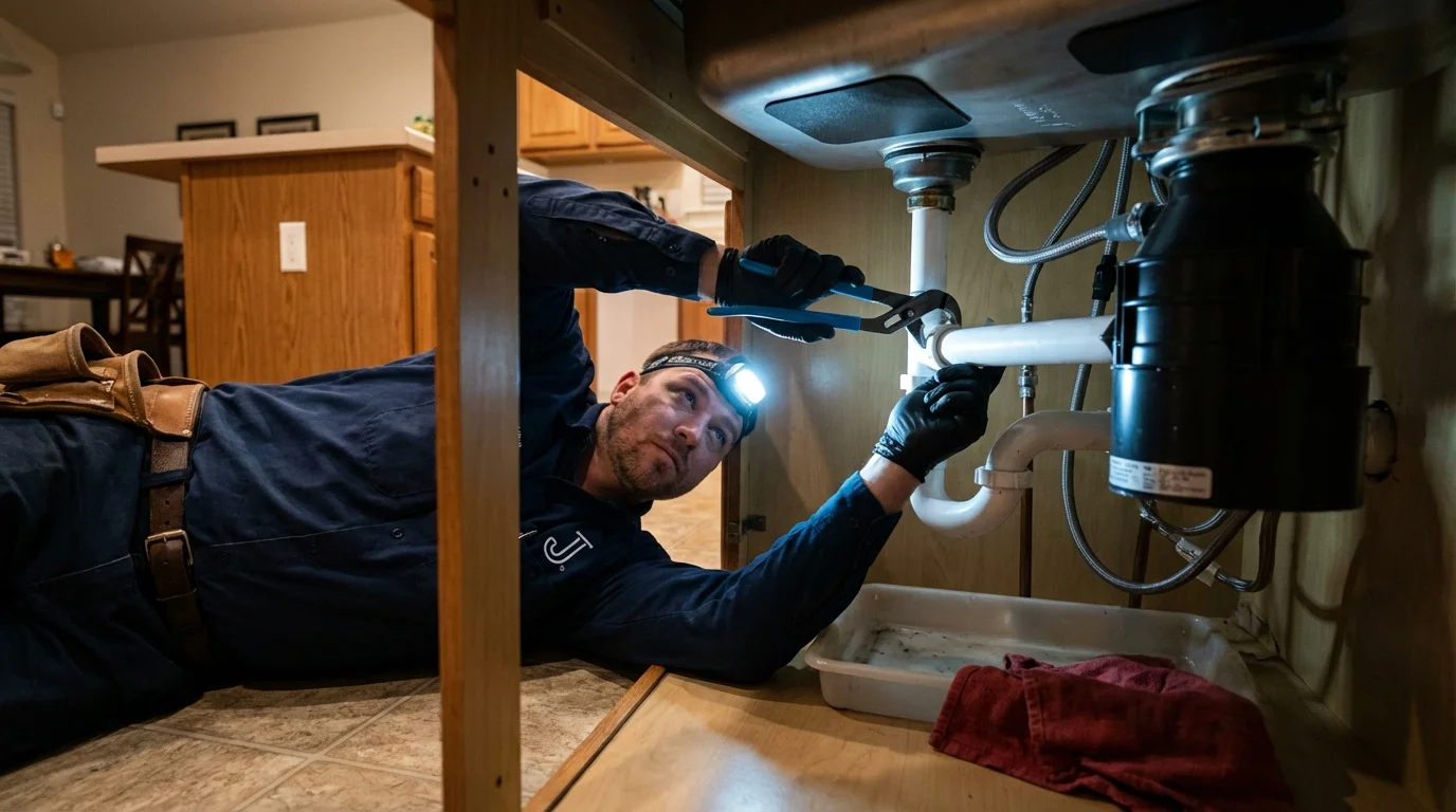P-trap and supply line connections under a kitchen sink showing a common leak point in Weare, NH